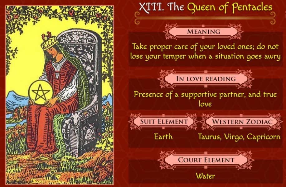 What does the Queen of Pentacles love meaning truly signify? Understanding her grounded energy in relationships.